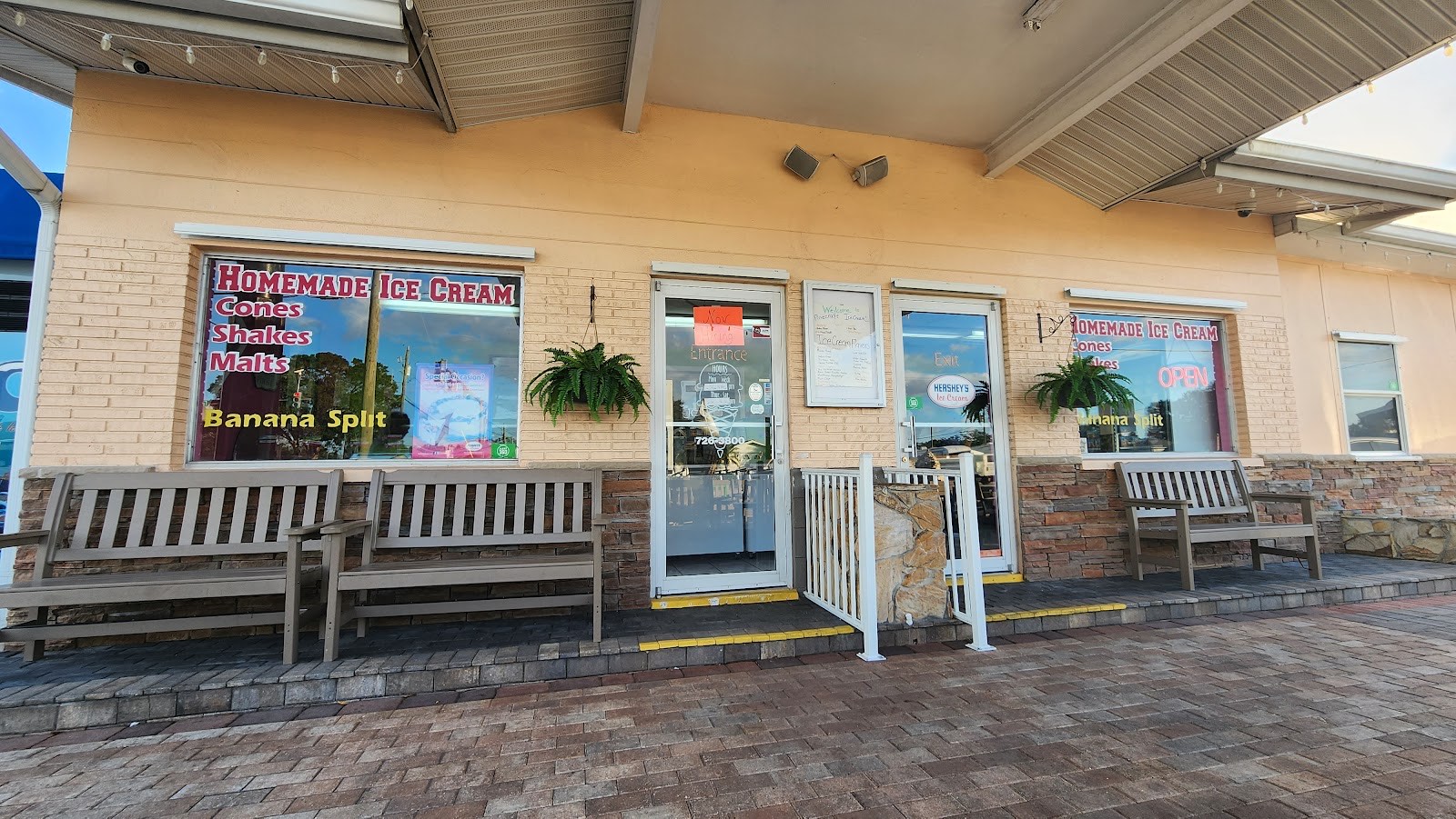 Pinecraft Ice Cream Shoppe storefront windows reading Homemade Ice Cream, Cones, Shakes, Malts, Banana Split